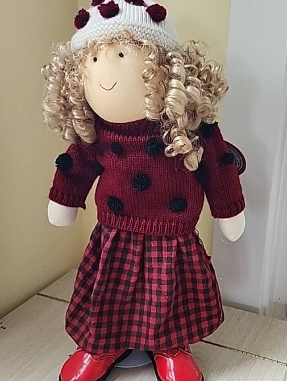 Burgundy Curly-Haired Plush Fashion Doll with Knit Hat